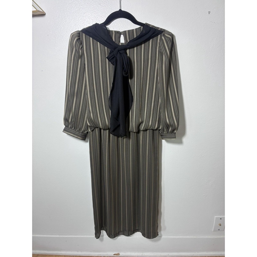1980s JT Dress Co Striped Secretary Dress with Tie Collar Accent Size 6
